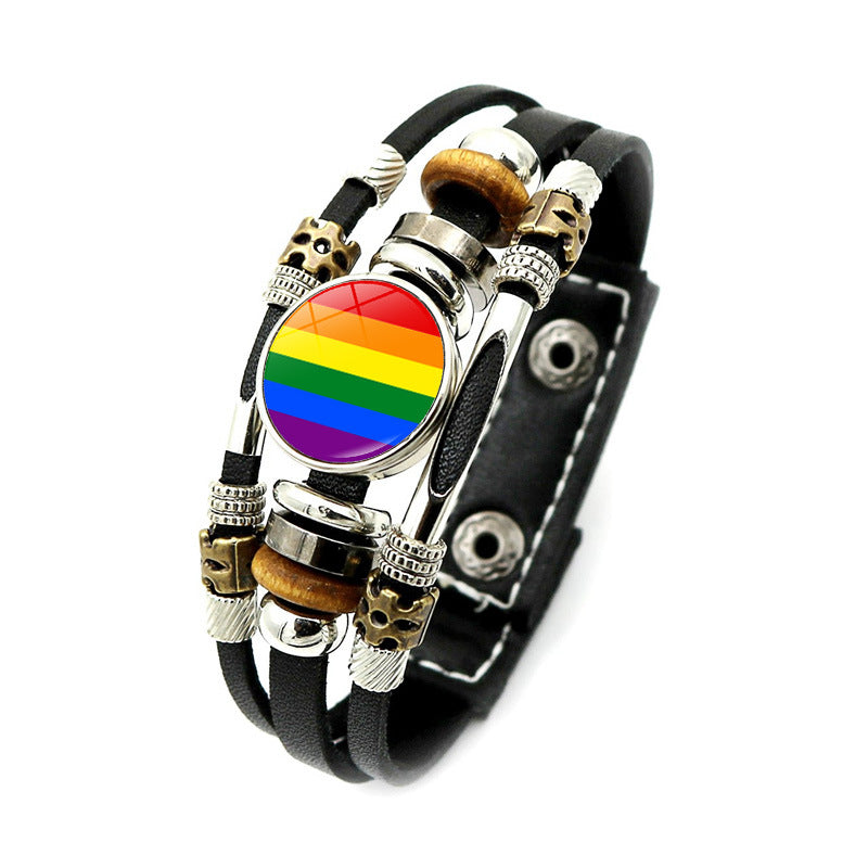 Pulsera de tejido de cuentas de cuero de cuero arcoiris al por mayor